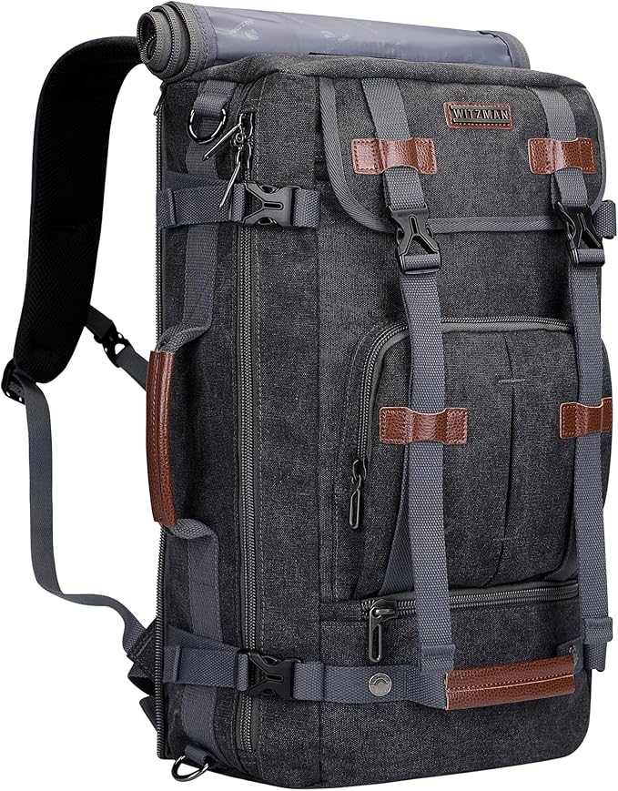 WITZMAN Canvas Backpack Vintage Travel Backpack Large Laptop Bags Convertible Shoulder Rucksack(A519-1 Black)