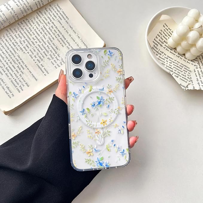 ZTOFERA for iPhone 16 Pro Magnetic Case Compatible with Magsafe,Aesthetic Floral Pattern Design Cute for Girl Women,Anti-Drop Protective Hard Phone Cover for iPhone 16 Pro-Blue Flower