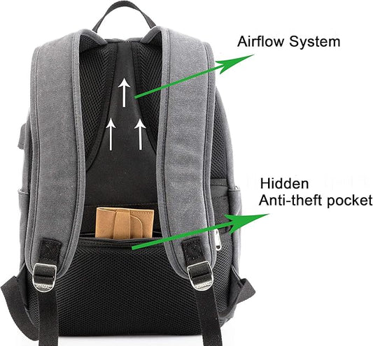 Kinmac Grey Canvas 15 inch Waterproof Laptop Travel Outdoor Backpack with USB Charging Port for 13 inch 14 inch and 15.6 inch Laptop