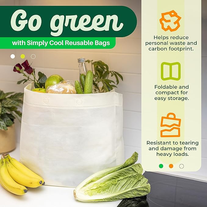 Simply Cool 200 Pack Reusable Eco-Friendly Large Grocery Shopping Bags 14.5"x14"x6.6" Durable Recyclable Washable Foldable Portable Tote Bags Bulk