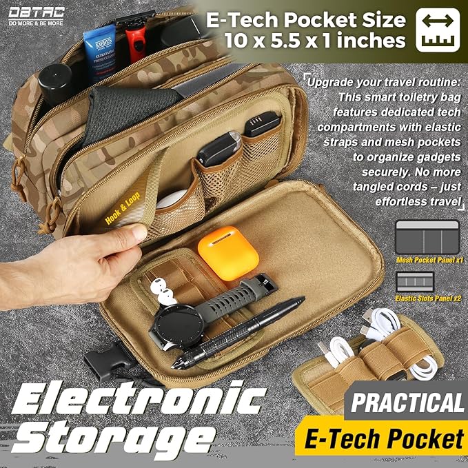 DBTAC Tactical Toiletry Bag w/Electronic Organizer Compartment | Dry/Wet Separate Hygiene Bag, Expanded Travel Dopp Kit Shaving Kit Travel shower Bag for Men (CP Camo)