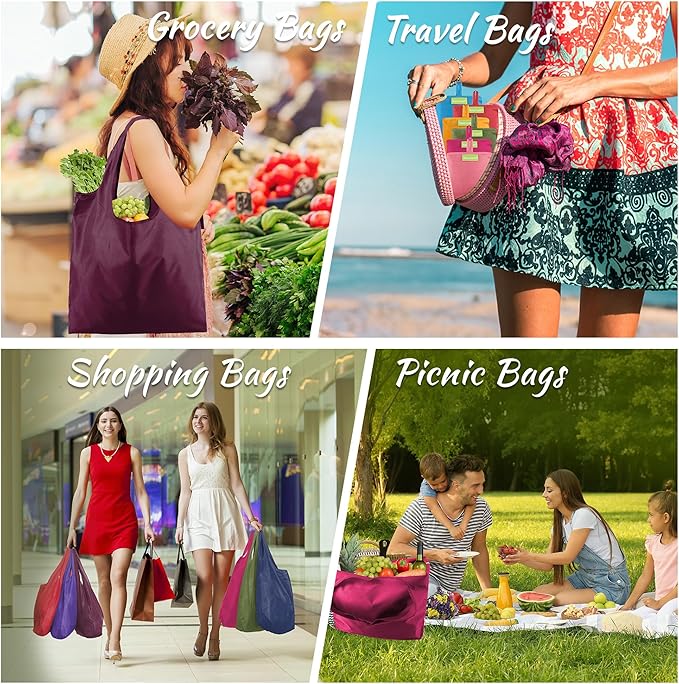 BeeGreen Reusable Grocery Bags 6 Pack, Heavy Duty Totes for Women, Foldable Grocery Bag Large Shopping Totes with Handles for Work, Travel, Gift, Store, Polyester Washable Reusable Tote Bag