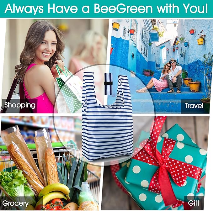 BeeGreen Reusable Foldable Shopping Totes with Handles,12 Pack Heavy Duty Polyester Fabric Geometry Grocery Bags, Large Fashion Reusable Bags for Travel & Groceries, Washable Cloth Bag Bulk