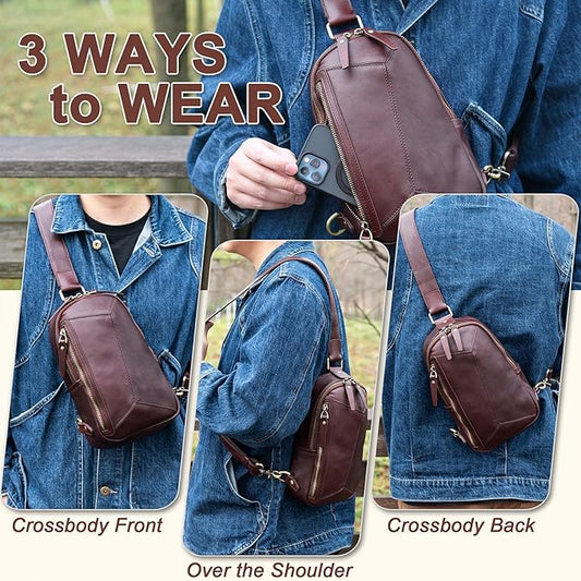 Genuine Leather Sling Bag for Men and Women Crossbody Shoulder Bag Sling Backpack Chest Purse Carry on Daypack