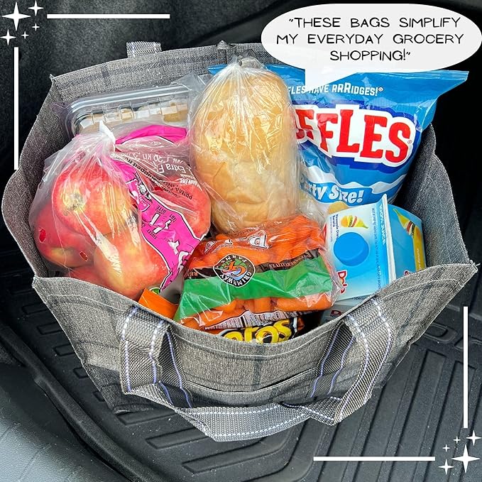 VENO 4 Pack Reusable Grocery Bags with Hard Bottom, Heavy-Duty Shopping Bags for Shopping Cart (Windowpane, 4 Pack)