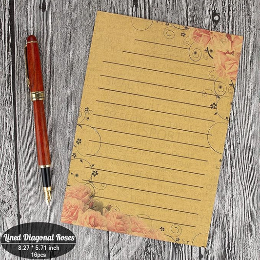 Vintage Stationary Paper + Kraft Envelopes Set with Seal Stickers (64pcs 4 Patterns 8.3 x 5.7 Writing Stationery Papers, 20pcs 2 Colors 7.9 x 4.7 Letter Envelope, 36pcs 2 Styles Rustic Seals)