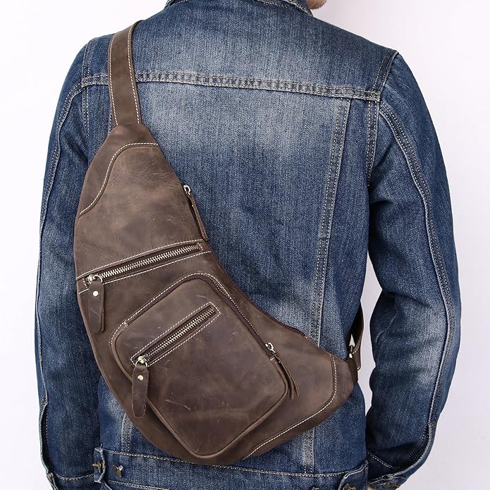 Genuine Leather Sling Bag for Men Women Backpack Chest Shoulder Satchel Crossbody Bags Casual Outdoor Daypack
