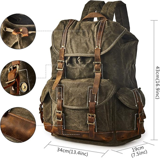 Heavy Duty Waxed Canvas Vintage Backpack for Men Women Trim Casual 15.6" laptop Travel Rucksack Shoulder Rucksack for Travel
