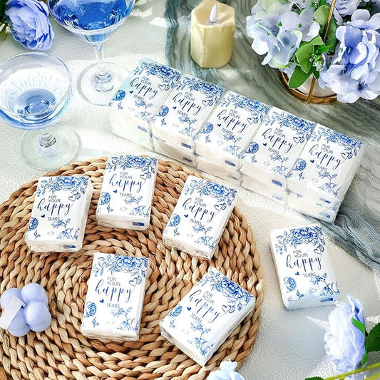 Spiareal 50 Pcs Blue Flower Happy Tears Tissues for Wedding Bulk 3 Ply for Your Happy Tears Wedding Tissues for Guests Pocket Paper Mini Travel Size for Party Favor Graduation