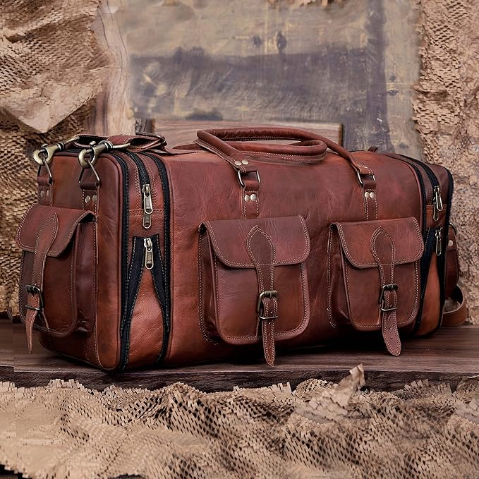 Weekender Leather Duffel Bag Overnight Women Men Girls Boys Vintage Travel Duffle with Shoulder Strap Carry On Sports Gym 20 Inch Handmade Leather Luggage Carryall Cool Gifts for Him by Cureo