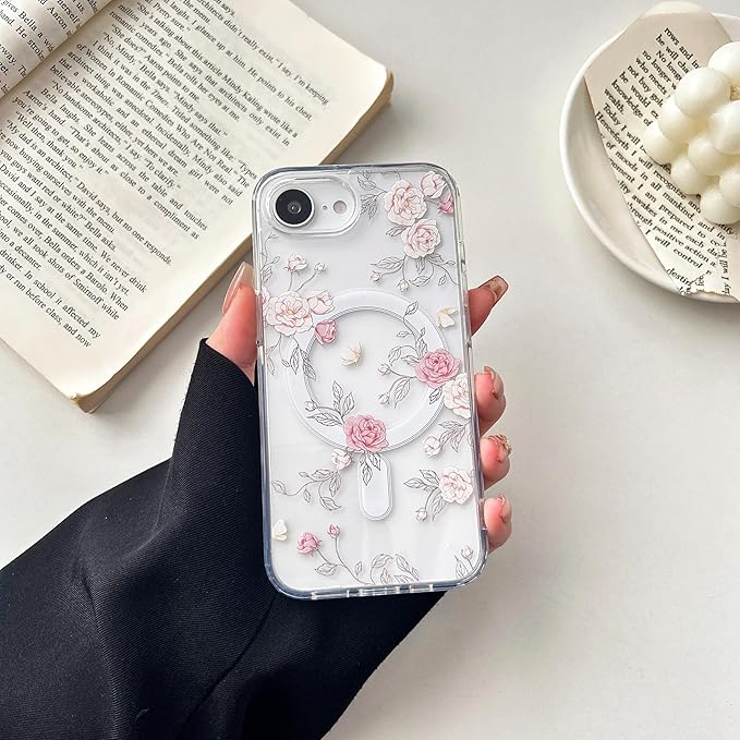 ZTOFERA for iPhone 16e Magnetic Case Compatible with Magsafe, Aesthetic Floral Pattern Design Cute for Girl Women,Anti-Drop Protective Hard Phone Cover for iPhone 16e-Pink Rose