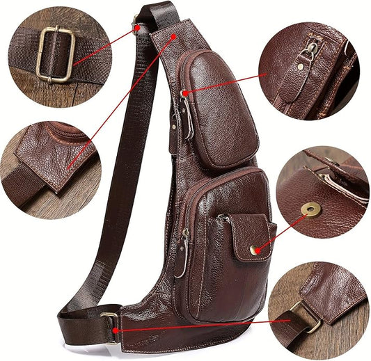 KPYWZER Vintage Leather Sling Bag Backpack for Men Crossbody Shoulder Chest DayPack Backpacks
