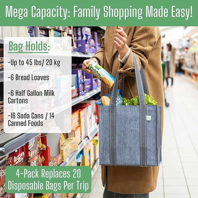 VENO 2-4 Pack Reusable Grocery shopping Bags, Small Tote Bag w/Handle Hard Bottom, Heavy Duty, Foldable Carrier