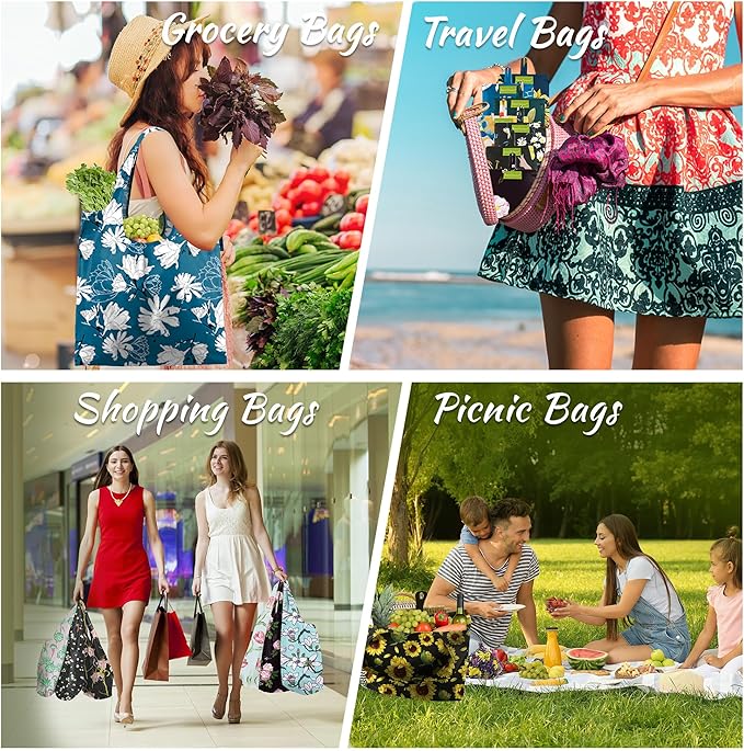 BeeGreen Reusable Grocery Bags 6 Pack, Heavy Duty Totes for Women, Foldable Grocery Bag Large Shopping Totes with Handles for Work, Travel, Gift, Store, Polyester Washable Reusable Tote Bag