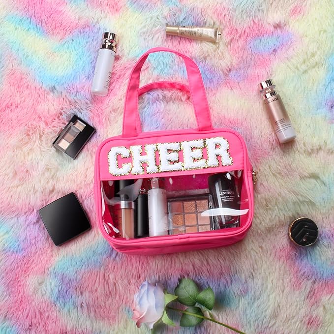 Cheer Chenille Letter Bags Clear Makeup Bag for Travel, Cheerleader Gifts Cosmetic Bag with Handles and Zipper, Nylon & PVC Waterproof Large Cheer Accessories Toiletry Bag for Women