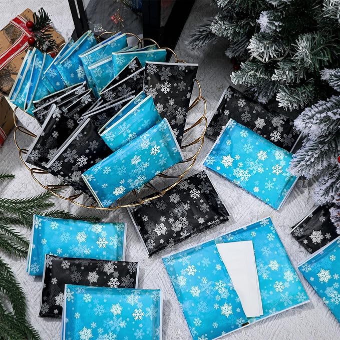 50 Pack Winter Snowflake Pocket Tissues Individual Packs Bulk 3 Ply Blue and Black Wallet Travel Facial Tissues for Winter Party Supplies