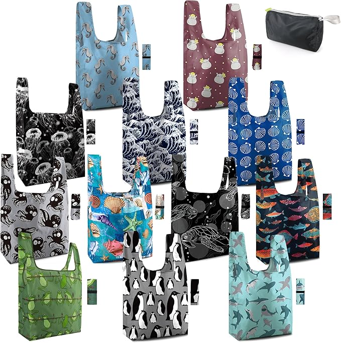 BeeGreen Heavy Duty Reusable Grocery Bags Shopping Bags for Groceries - 12 Pack Foldable Tote Bag Large Travel Cloth Bags with Handles - Reusable Gifts Holiday Bags Gift Bag for Women Animal Lover