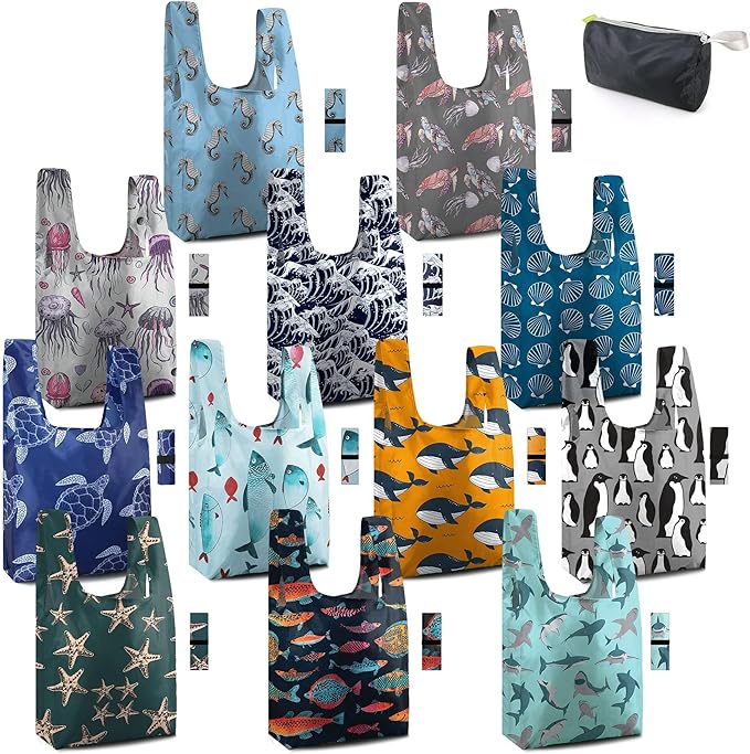 BeeGreen Marine Animal Reusable Grocery Bags Bulk Gifts 12-Pack - Large Tote with Zipper Pouch | Foldable & Washable Polyester Shopping Bags Heavy Duty Animal Lover Gifts Reusable Bag With Handles