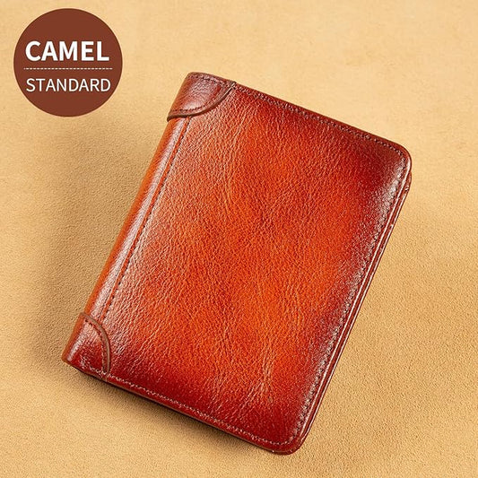 Genuine Leather Wallet for Men, Slim Bifold RFID Blocking with Zipper Coin Pocket, Minimalist Design for Travel and Daily Use (Camel)