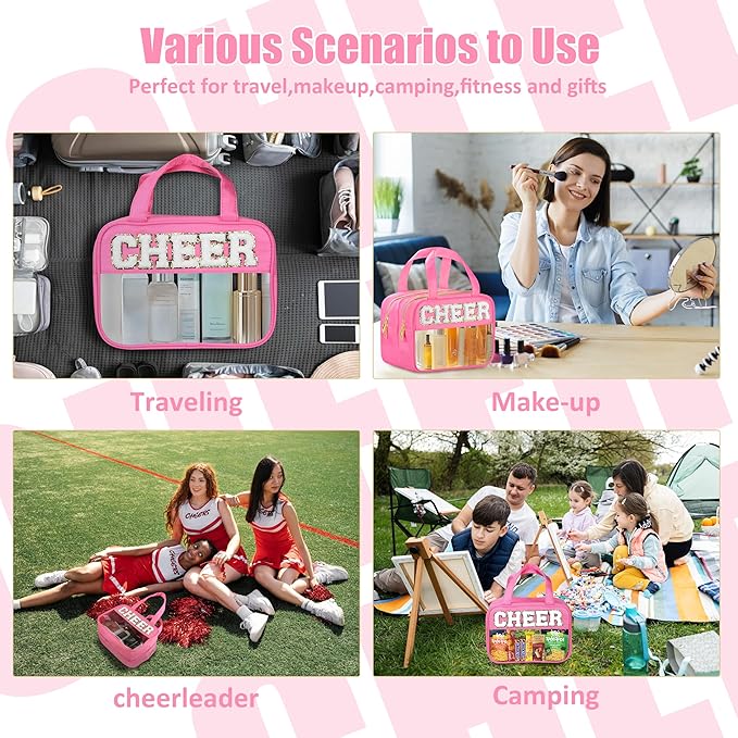 Cheer Chenille Letter Bags Clear Makeup Bag for Travel, Cheerleader Gifts Cosmetic Bag with Handles and Zipper, Nylon & PVC Waterproof Large Cheer Accessories Toiletry Bag for Women