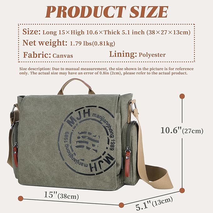 FSD.WG Satchel Messenger Bag for Men Canvas,Travel Shoulder bag 13.5" Laptop Bags