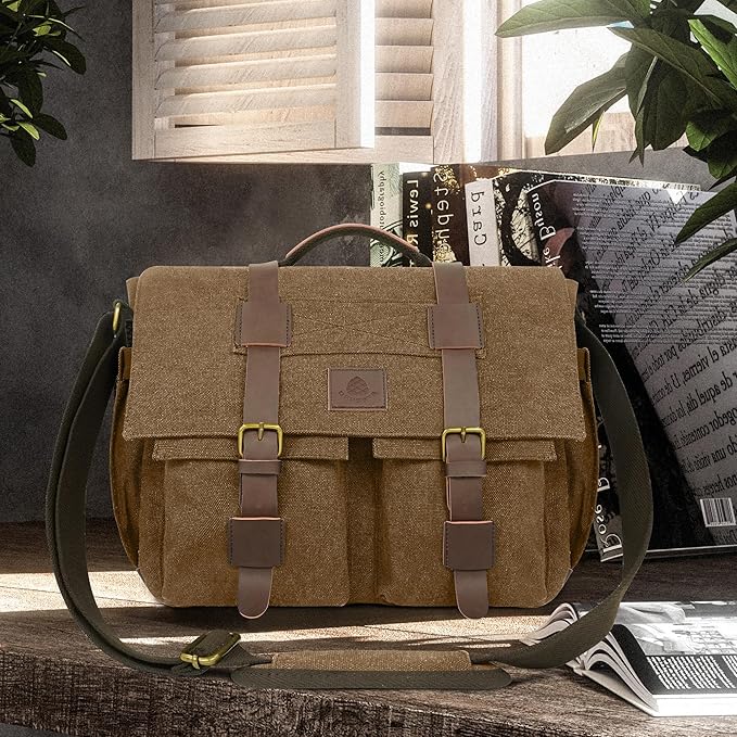 Messenger Bag for Men,13-14 Inch Laptop Bag, Vintage Water-resistant Waxed Canvas Satchel Bags, Leather Briefcase for School Work Travel (Brown)