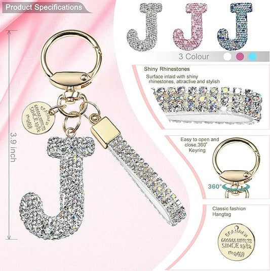 Pink Blue White Initial Letter Keychain Gift for Women Girls Bling Sparkly Cute Backpack Car Key Accessories Lanyard