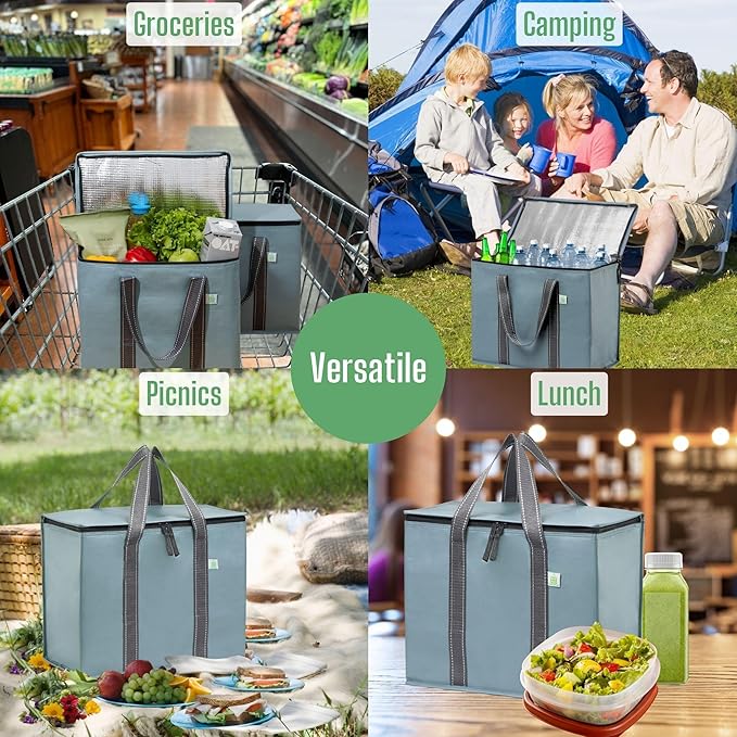 VENO 2 Pack Cooler Bag and Insulated Grocery Bags for Food Delivery, Collapsible Cooler. Reusable Shopping Bags for Groceries with Hard Bottom, Zippered, Foldable, Heavy-Duty (Light Blue, 2 Pack)