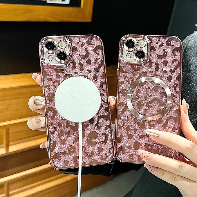 for iPhone 15 Plus Case Magnetic,Soft Cute Luxury Leopard Cheetah Pattern Plating Glitter Bling Phone Case Compatible with MagSafe Clear Shockproof Back Cover for Women Girl 6.7"-Pink
