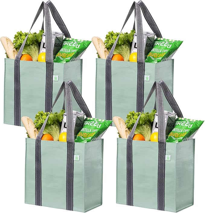 VENO 2-4 Pack Reusable Grocery shopping Bags, Small Tote Bag w/Handle Hard Bottom, Heavy Duty, Foldable Carrier