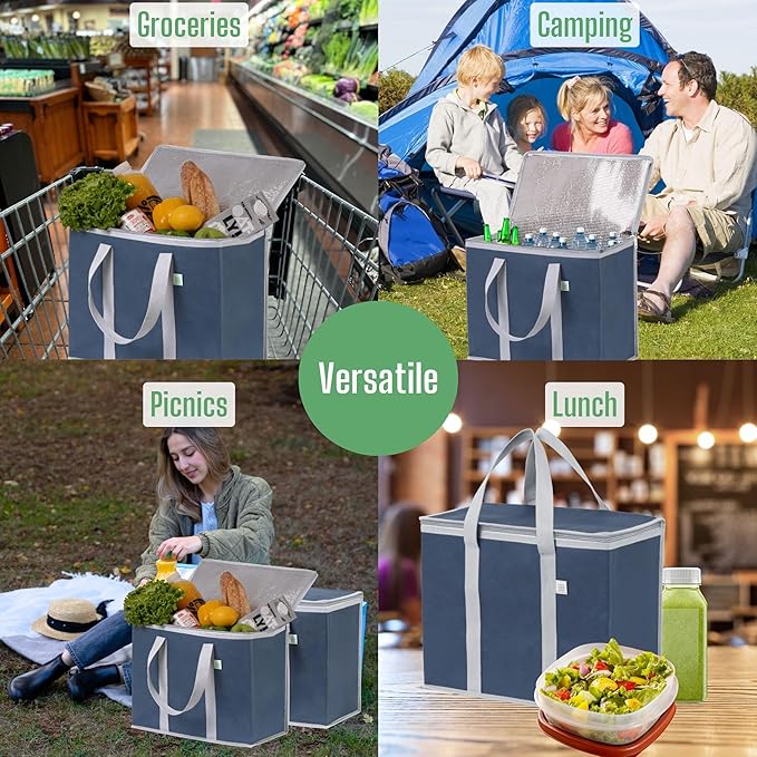 VENO 2 Pack Cooler Bag and Insulated Grocery Bags for Food Delivery, Collapsible Cooler, Reusable Shopping Bags for Groceries with Zipper, Foldable, Heavy-Duty, Stands Upright (Dark Blue, 2 Pack)