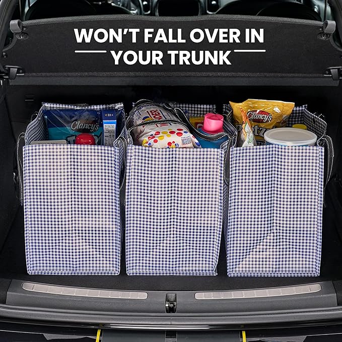 Creative Green Life 3 Pack Heavy Duty Reusable Grocery Bags with Hard Bottom & Strong Handles – Foldable, Durable, Easy to clean, Water-Resistant & Multi-Purpose (Blue Checkered)