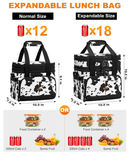 Lunch Box for Men Women Double Deck Insulated Lunch Bag for Men Woman Leakproof Expandable Cooler Bag with Adjustable Shoulder Strap for Work Picnic School(Cow Print,16L)
