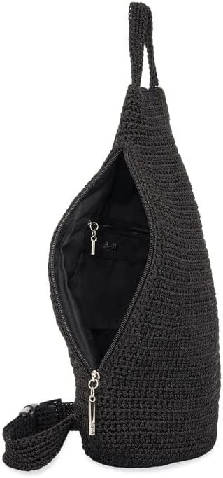 The Sak Geo Sling Backpack in Crochet, Single Sling Shoulder Strap, Black
