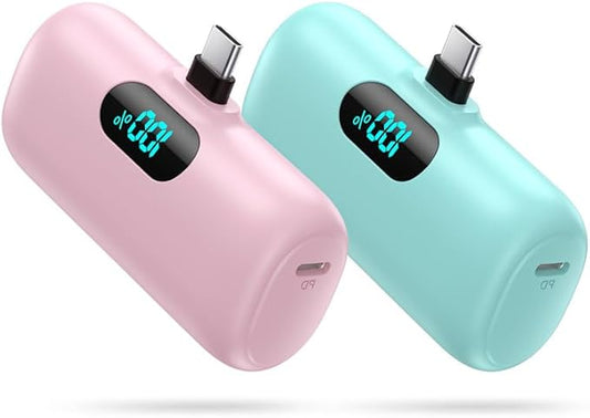 [2-Pack] Mini Portable Charger 5000mAh Power Bank,3A PD USB C Cell Phone Portable Power, LCD Display Battery Pack Compatible with iPhone 16/15/15 plus/15 pro/15 pro Max/Android/Samsung/Moto/LG etc