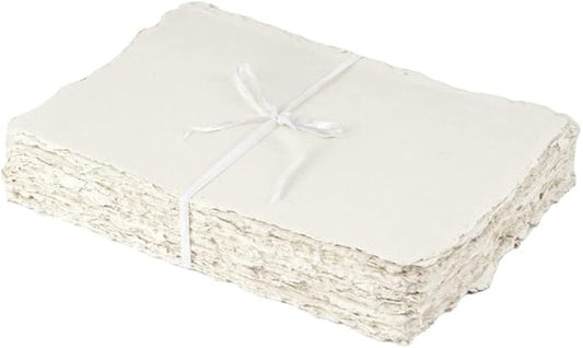 400 GSM / 25 Sheets - Rough/Textured Watercolor Drawing/Sketching Paper - 6"X4"(A6)- Handmade/Deckle Edge Paper Made from Virgin Egyptian Cotton - Off-White by Leather Village