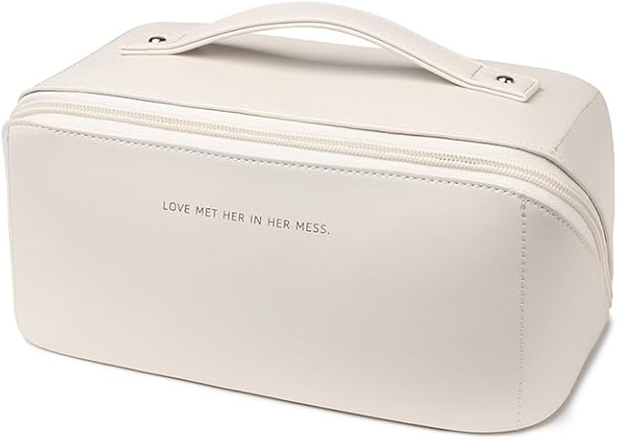 Travel Makeup Bag, Large Capacity Cosmetic Organizer Bags for Women, Waterproof PU Leather Toiletry Bags, Wide Open Flat Makeup Case with Divider and Handle