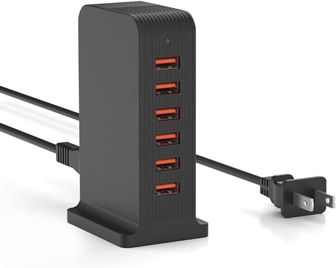 VPSUN USB Charger 6 Port 50W Multi USB Tower Charging Station for Multiple Devices iPhone 15/14/14 Pro/14 Pro Max/13 Pro/13 Pro Max/Android/Samsung/Tablet,etc (Black, 50W)