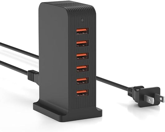 VPSUN USB Charger 6 Port 50W Multi USB Tower Charging Station for Multiple Devices iPhone 15/14/14 Pro/14 Pro Max/13 Pro/13 Pro Max/Android/Samsung/Tablet,etc (Black, 50W)