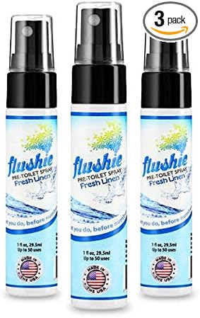 Flushie Pre-Toilet Spray Travel Size Toiletries Bathroom Spray for Toilet Deodorizer Traveling Essentials - Poop Odor Eliminator (Linen, 1oz 3pack)