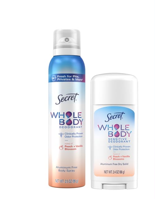 Secret Whole Body Deodorant for Women, Stick + Spray Bundle, Peach + Vanilla Blossom Scent, Aluminum Free, 72 HR Odor Protection, 2.4 oz & 3.5 oz (Pack of 2)