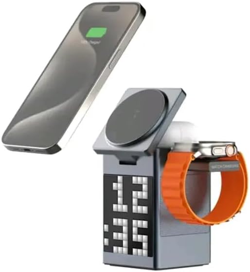 M.A.D LAB 15W Fast Charging Station - Pixel Animation Display Alarm Clock with Bluetooth Speaker, iPhone Charging Station for Apple Watch, AirPods, AirPods Pro 2 and Android Phones - Black Color