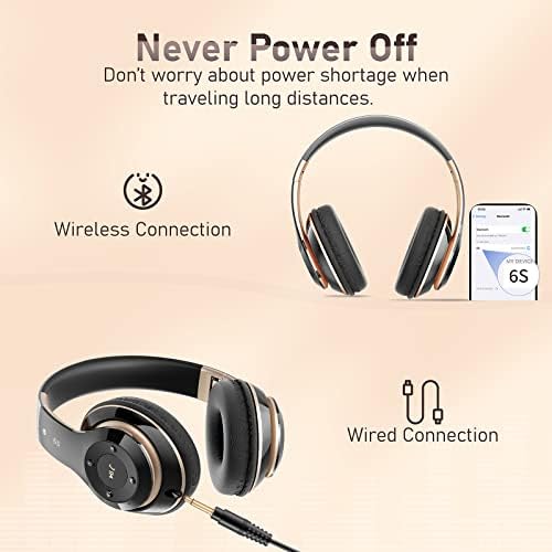 Bluetooth Headphones Over Ear, 6S Wireless Headphones Wired with 6 EQ Modes, 40 Hours Playtime Foldable HiFi Stereo Headset with Microphone, FM/TF for Cellphone/PC/Work (Black & Gold)