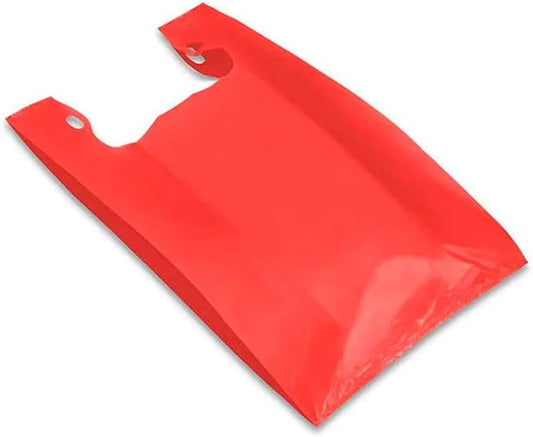 100 pack- Grocery bags in multi color -Thick T Shirt Bags - Extra Long Grocery Bags- 12x22 fits std T-shirt holders (Red)