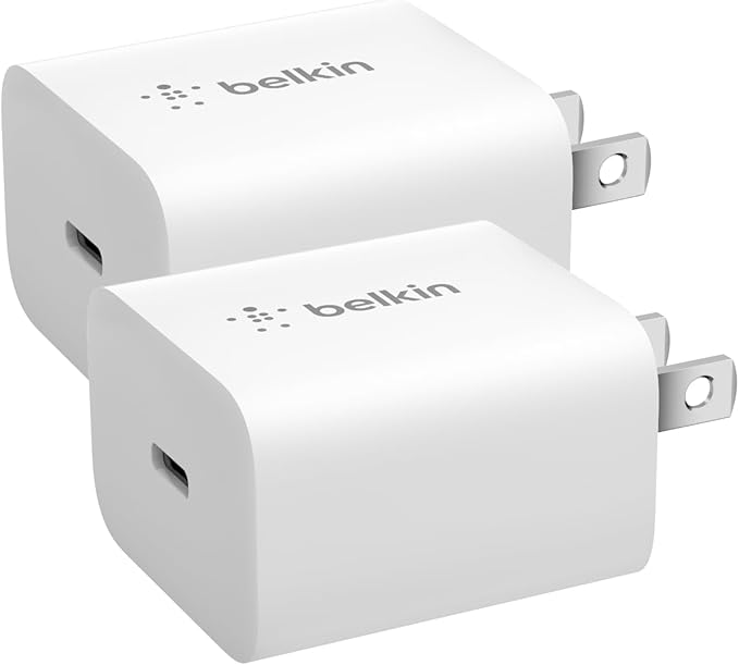 Belkin USB C Charger Block 20W (2-Pack) - Fast Charging - Apple iPhone 17, Air, Pro, Pro Max, iPad, AirPods, Samsung Galaxy S25, Nintendo Switch 2 & More - White