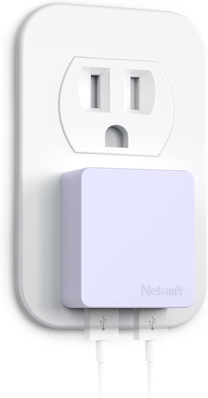 Nekmit Flat USB Wall Charger, Dual Port Slim USB Wall Charger with Smart IC for iPhone 14/14 Pro/14 Pro Max/13/13 Pro/13 Pro Max/12/12 mini/12 Pro, Galaxy, Pixel, iPad Pro, AirPods and More, Purple