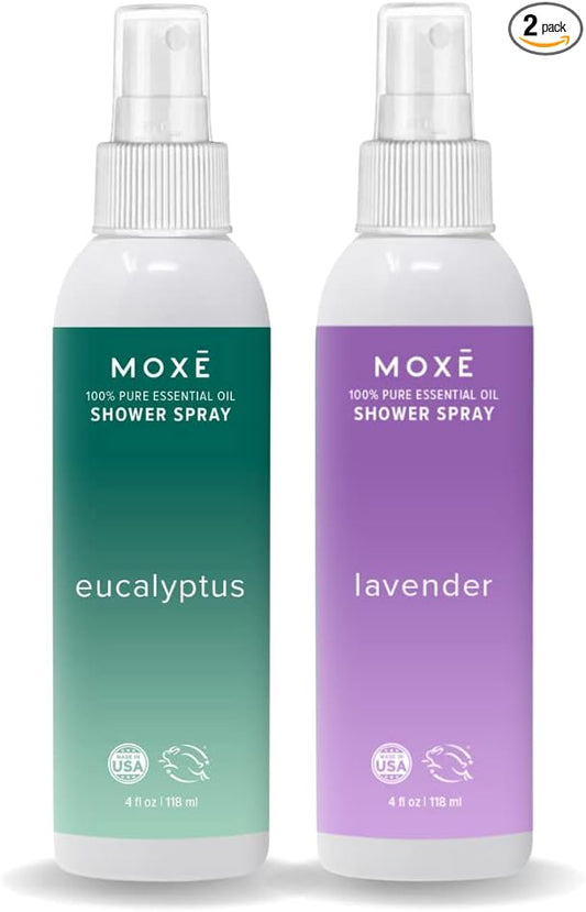 MOXE Shower Mist, Spa Steam Spray, Certified Natural Essential Oils, Aromatherapy, Calming Relief (Lavander and Eucalyptus, 4 Fl Oz (Pack of 2))