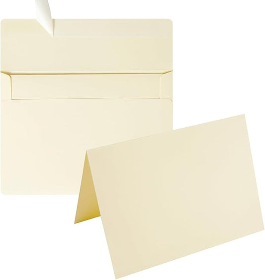 Wishop 50 Pack Self-Adhesive Envelopes with Fold Cards for Wedding Invitations, Greeting Cards, Baby Shower, Letter Mailing (Cream Color, 4x6)