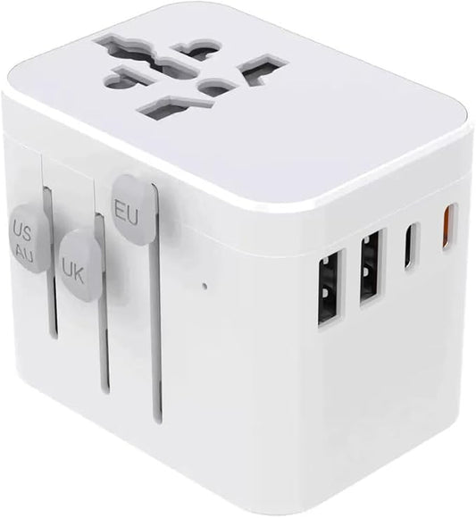 Worldwide Travel Adapter, 5 in 1 Plug Fast Charging Universal Power Adapter with 4 USB Ports (2X Type C and 2X Type A), Universal All in One Wall Charger for US EU UK AU, Fuse Protection - White