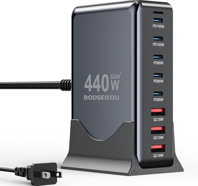 USB C Charger Block 440W Charging Station Hub,8 Port GaN III Fast Charging Brick with 5ft Extension Cord,PD PPS 100W Laptop Power Adapter for MacBook Pro/Air,iPhone 16/15,Samsung Galaxy,Dell